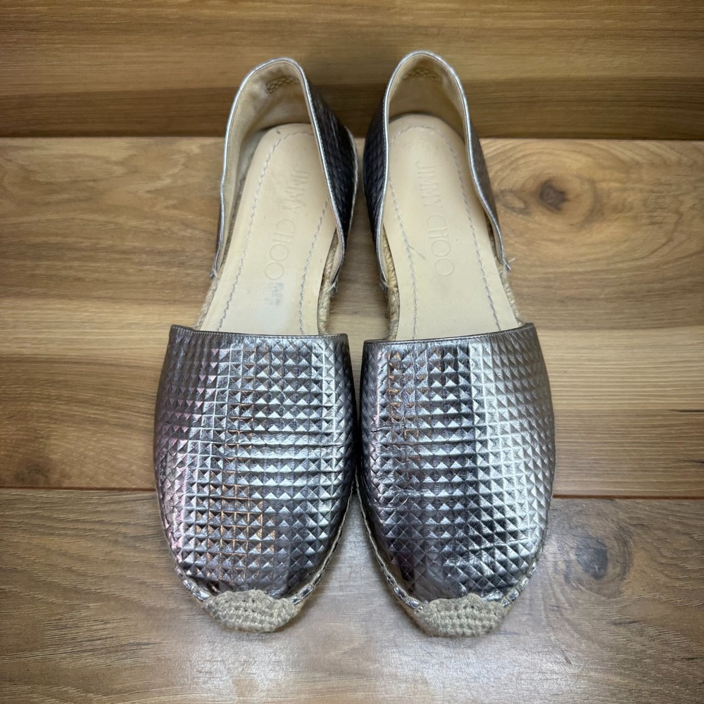 JIMMY CHOO Dreya Metallic Geometric Espadrille Flats 8 EU 38 Pewter Leather